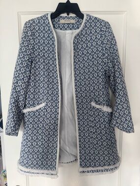 Zara Blue & White Open-Front Quilted Blazer Coat